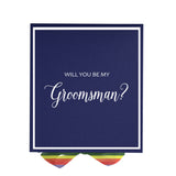 Will You Be My groomsman? Proposal Box Navy -  Border - Rainbow Ribbon