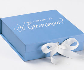 Will You Be My jr groomsman? Proposal Box Light Blue w/ white Bow- No Border