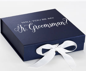 Will You Be My jr groomsman? Proposal Box Navy w/ White Bow - No Border