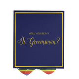 Will You Be My jr groomsman? Proposal Box Navy -  Border - Rainbow Ribbon