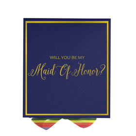 Will You Be My maid of honor? Proposal Box Navy -  Border - Rainbow Ribbon