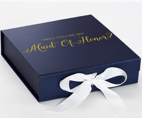 Will You Be My maid of honor? Proposal Box Navy w/ White Bow - No Border