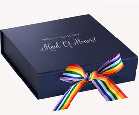 Will You Be My maid of honor? Proposal Box Navy - No Border - Rainbow Ribbon