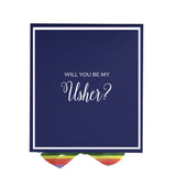 Will You Be My Usher? Proposal Box Navy -  Border - Rainbow Ribbon